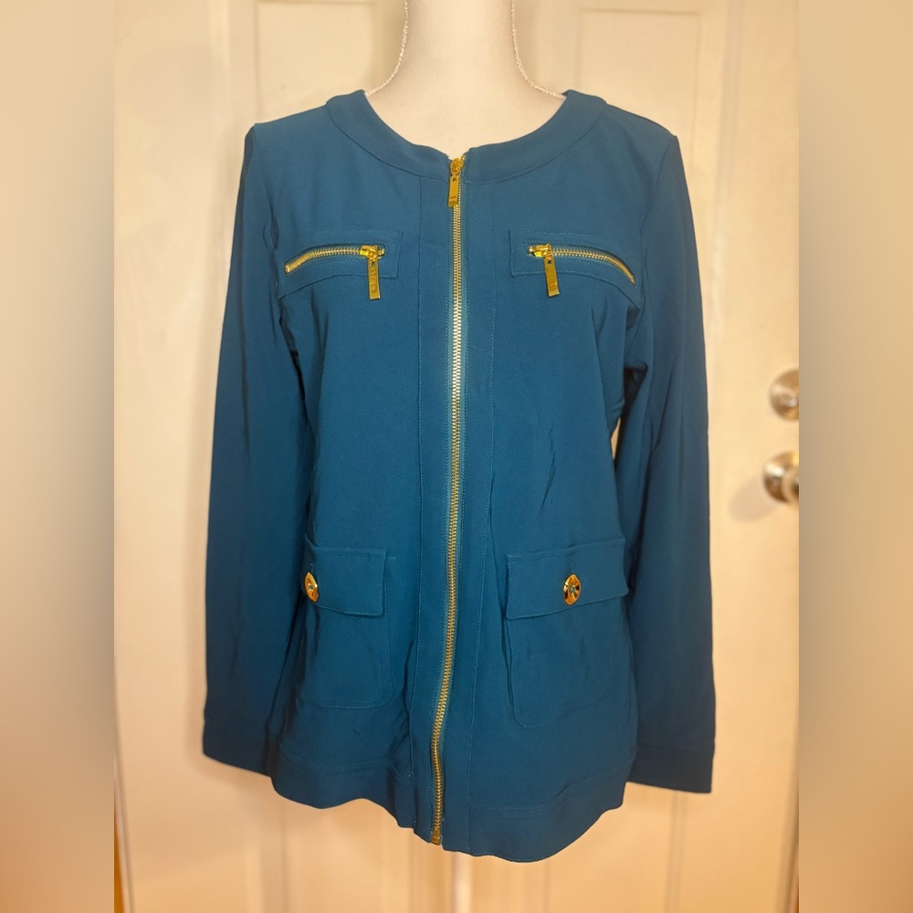 Boston Proper, Women's Blue & Gold Zip Up Blazer/Jacket Size medium